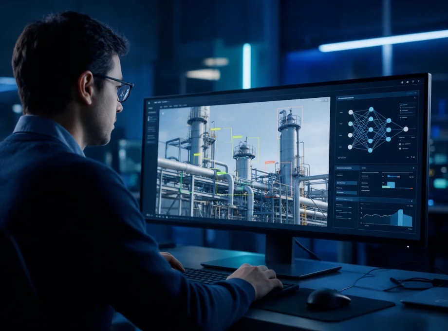 AI engineer reviewing computer vision detections on a live infrastructure video feed