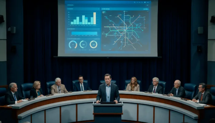Transit agency board meeting with a safety dashboard presented on a large screen
