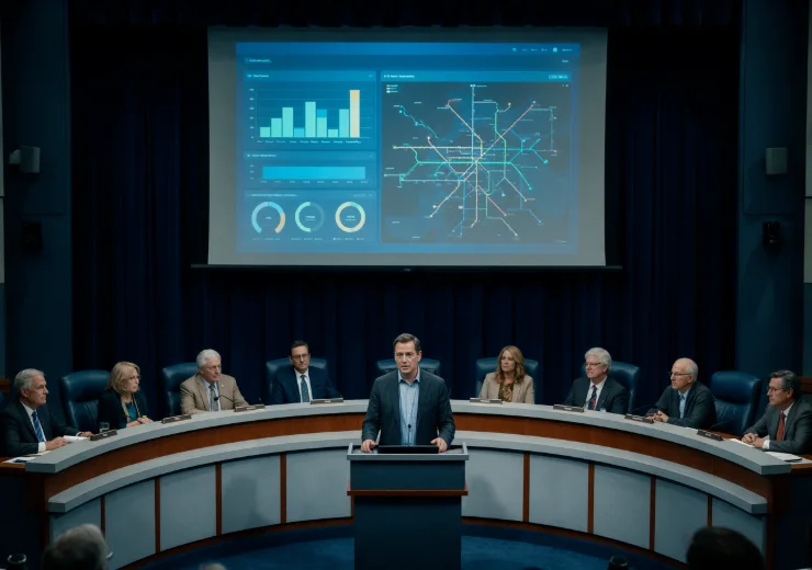 Transit agency board meeting with a safety dashboard presented on a large screen