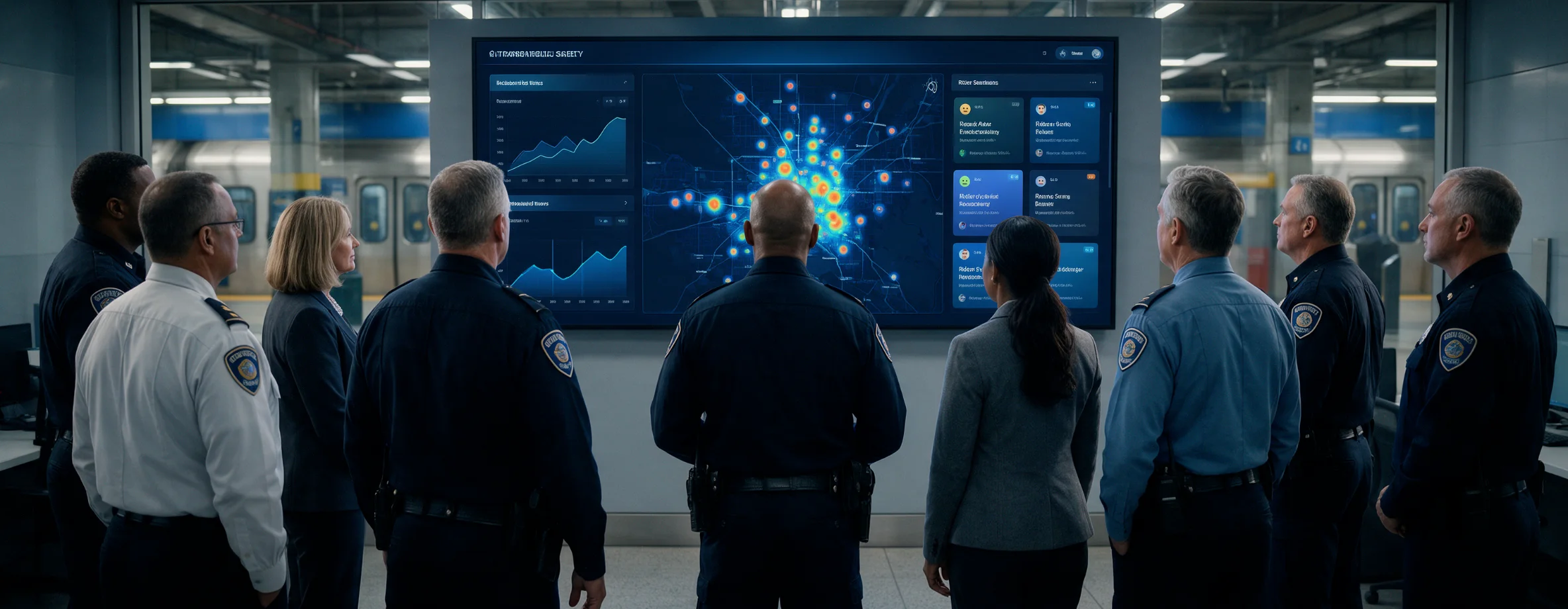 Transit safety leaders reviewing an AI-enabled public safety dashboard in an operations room