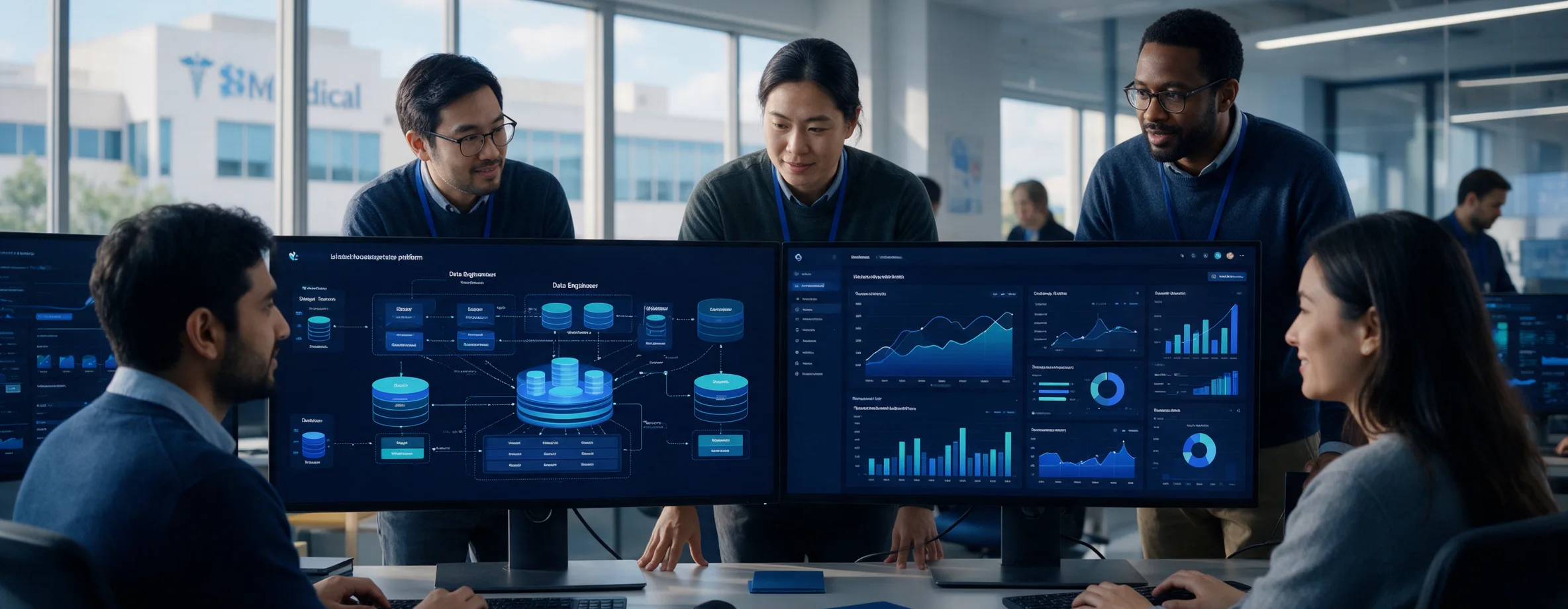 Healthcare data platform team reviewing lakehouse architecture and BI dashboards