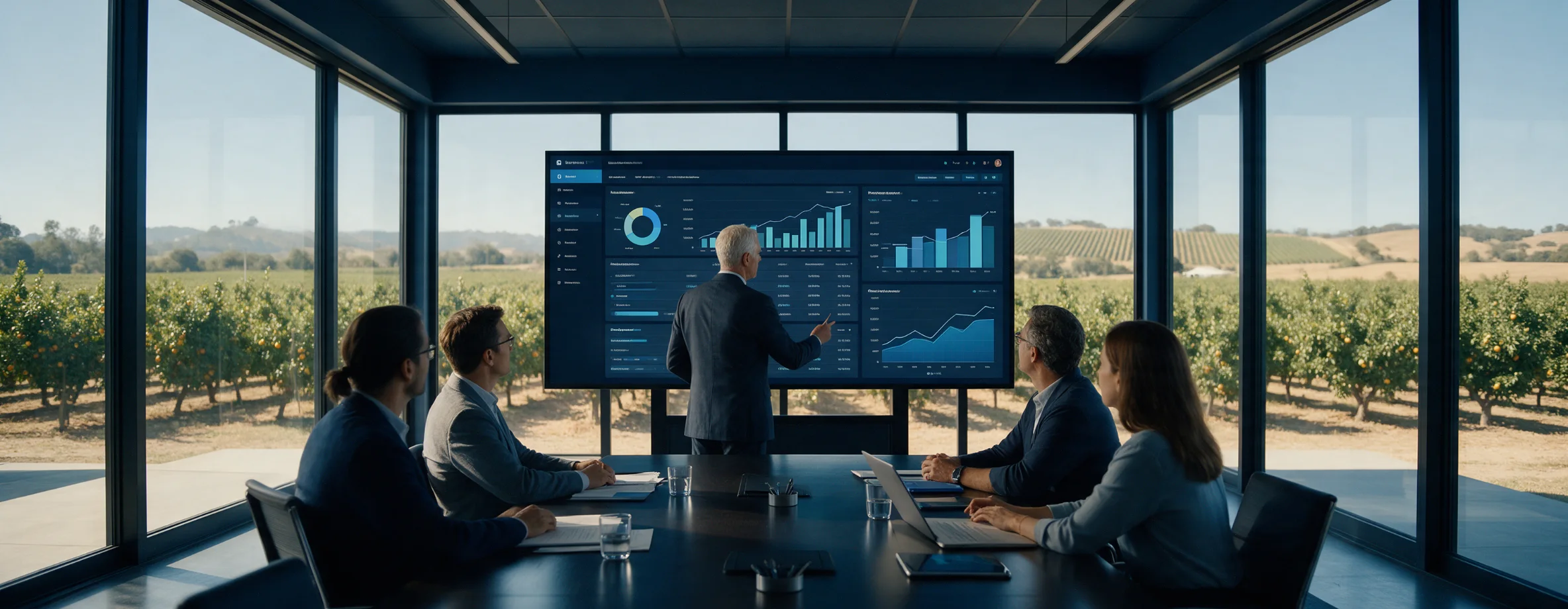 Executive team reviewing operational analytics dashboards in a conference room overlooking orchards