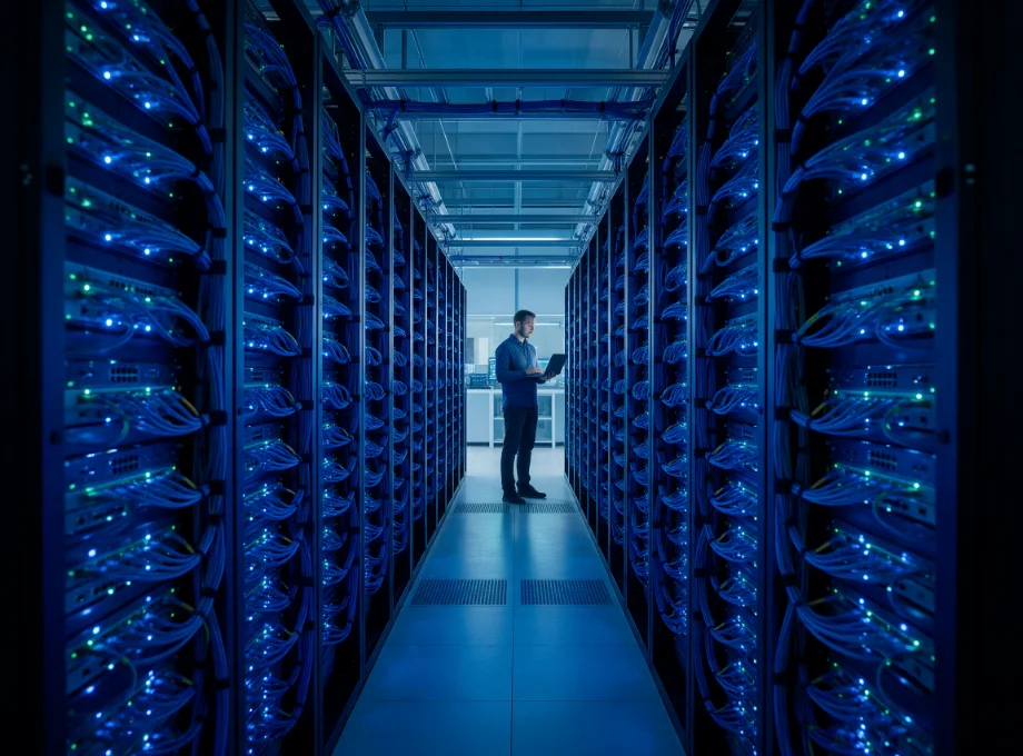 Engineer inspecting server racks and network connections in a cloud data center