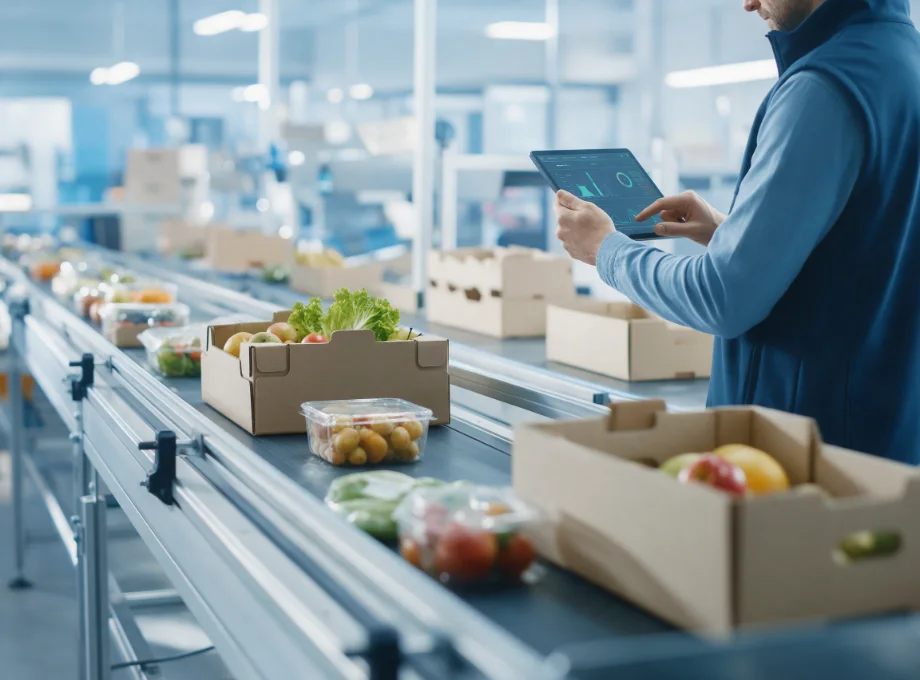 Operations lead reviewing a performance dashboard in a consumer products packing facility