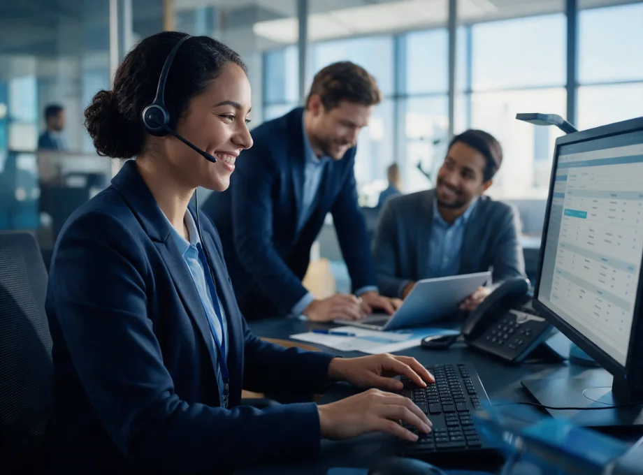Customer service representative with headset working with a sales and service team