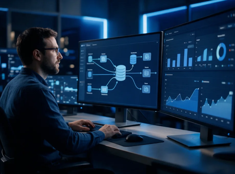 Data engineer reviewing data pipeline and analytics dashboards on multiple monitors