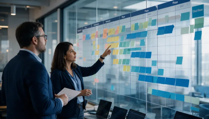 Consultants planning a phased ERP migration timeline on a glass wall
