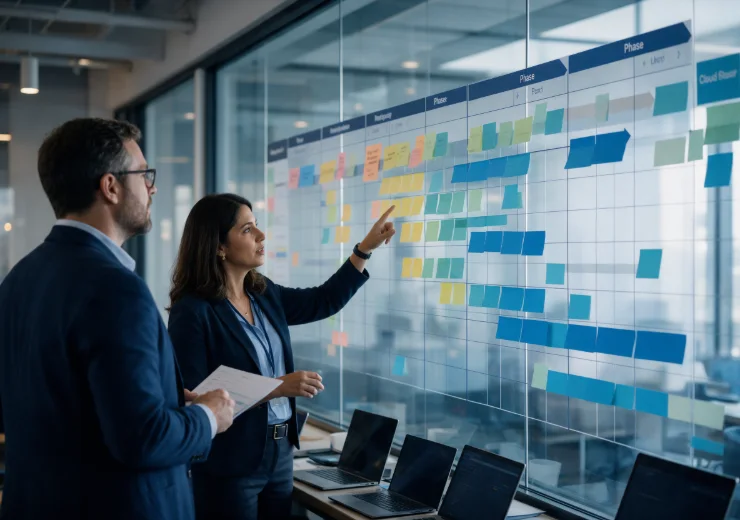 Consultants planning a phased ERP migration timeline on a glass wall