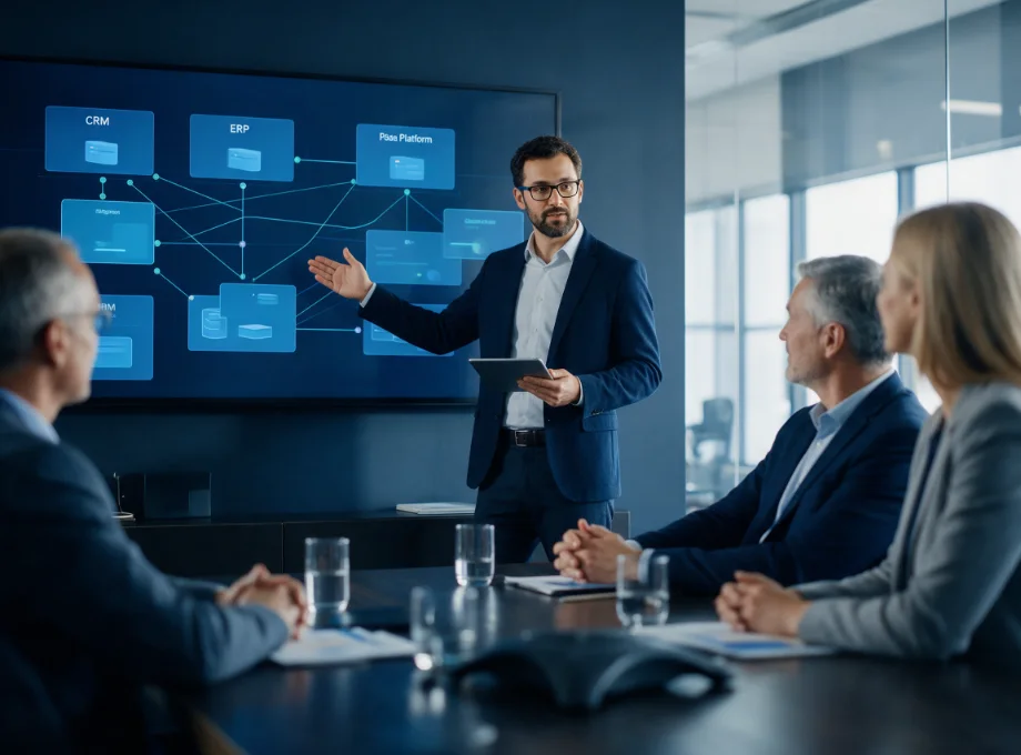 Solution architect presenting connected CRM, ERP and data platform systems to executives