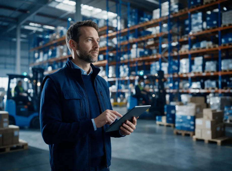 Operations manager with a tablet tracking orders and inventory in a distribution warehouse