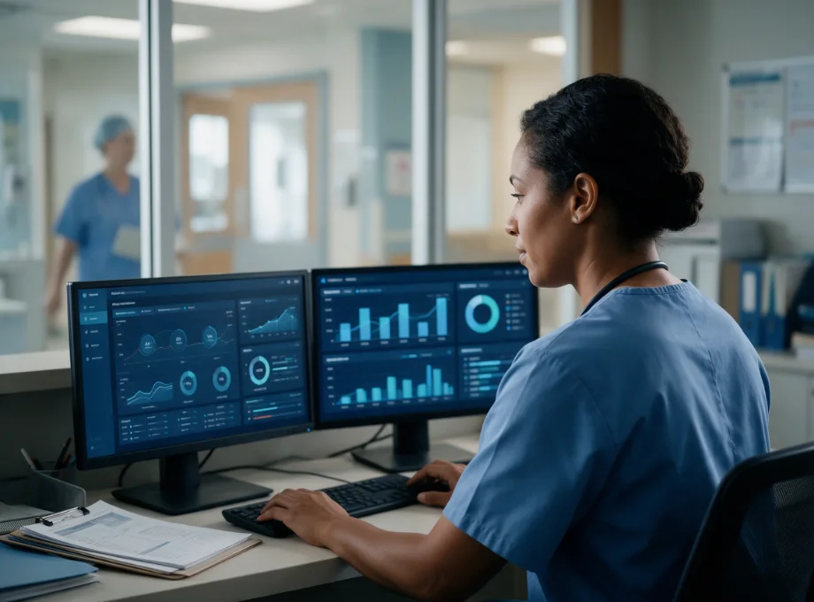 Healthcare data analyst reviewing clinical and operational dashboards in a hospital office