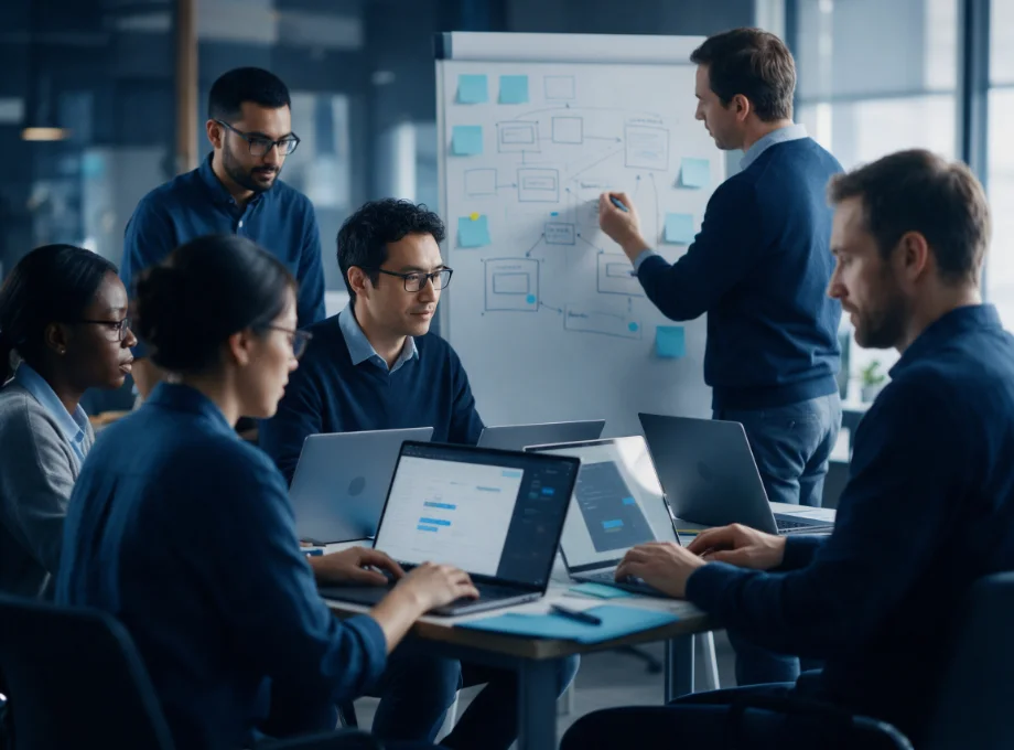 Technology consultants and architects in a working session at a whiteboard