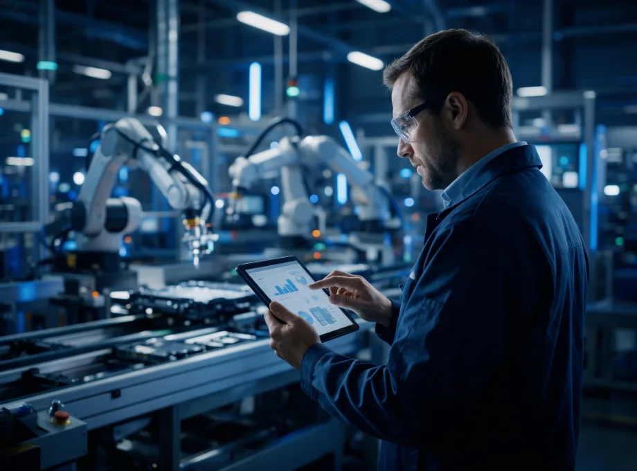 Production supervisor with a tablet on an automated manufacturing assembly line