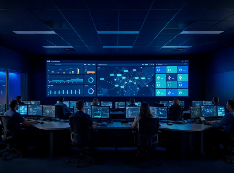 Transit operations control center with a video wall of unified public safety dashboards