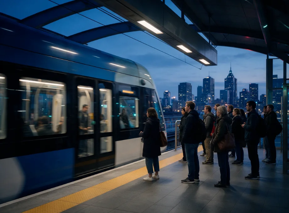 Light rail train arriving at an elevated urban station with commuters waiting