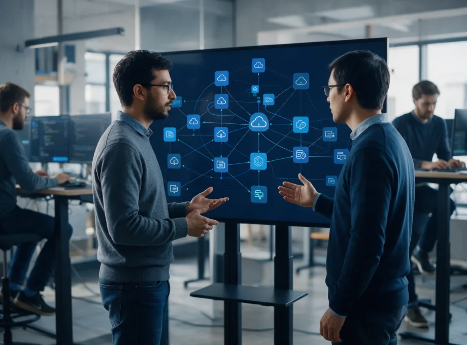 Software engineers discussing a scalable cloud integration architecture on a large screen