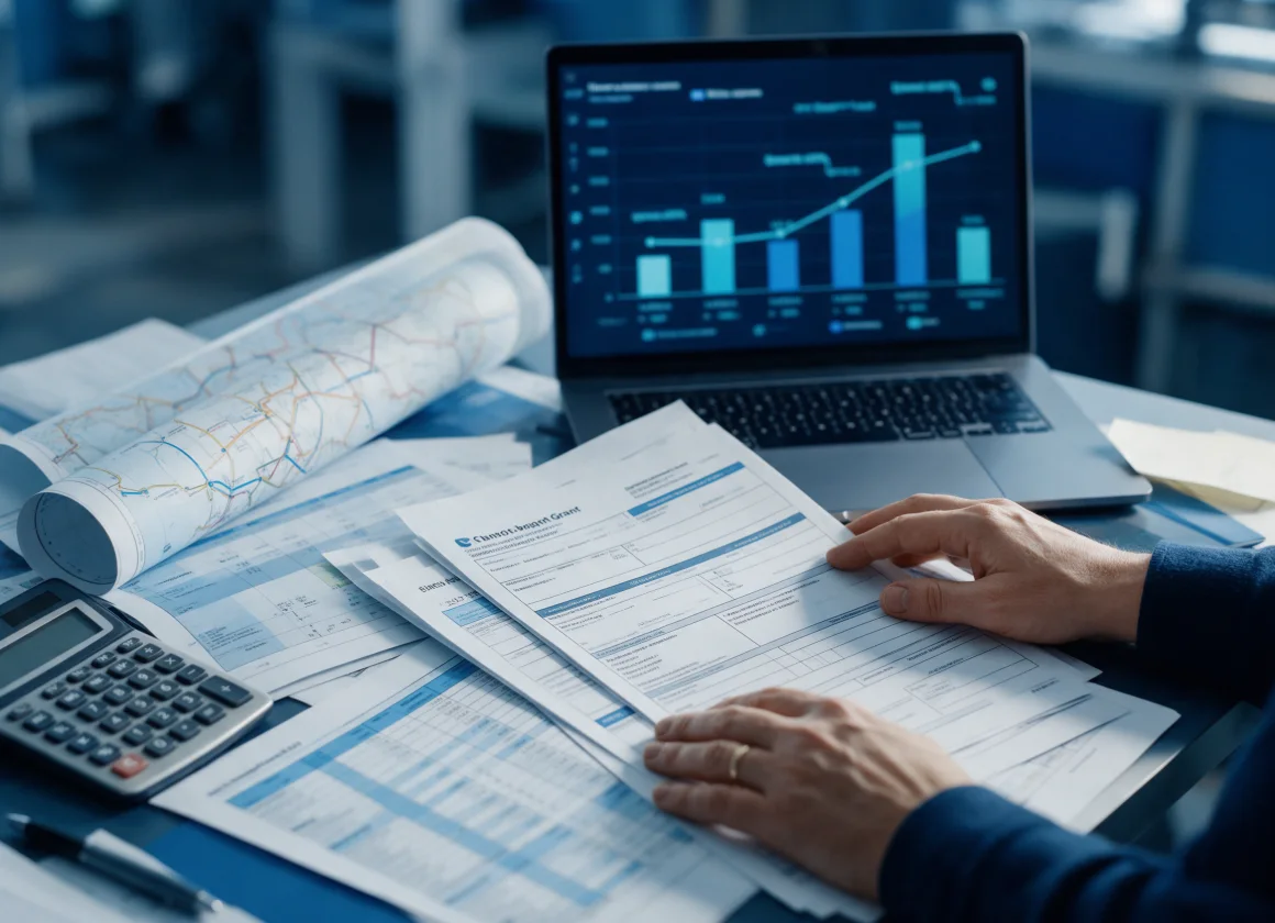 Transit agency budget planning desk with grant forms, budget sheets and a funding plan