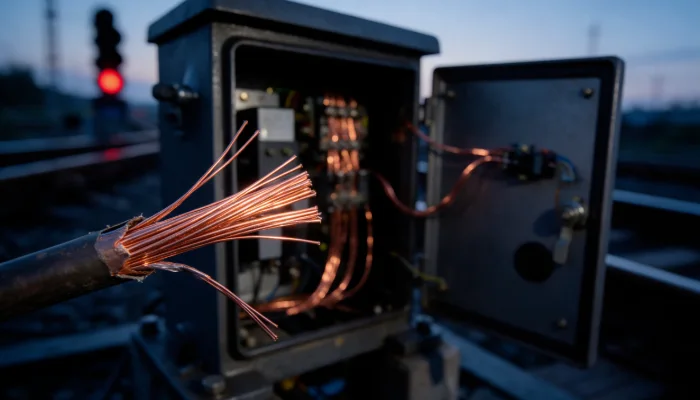 Cut copper signaling cable beside an open trackside signal cabinet at dawn