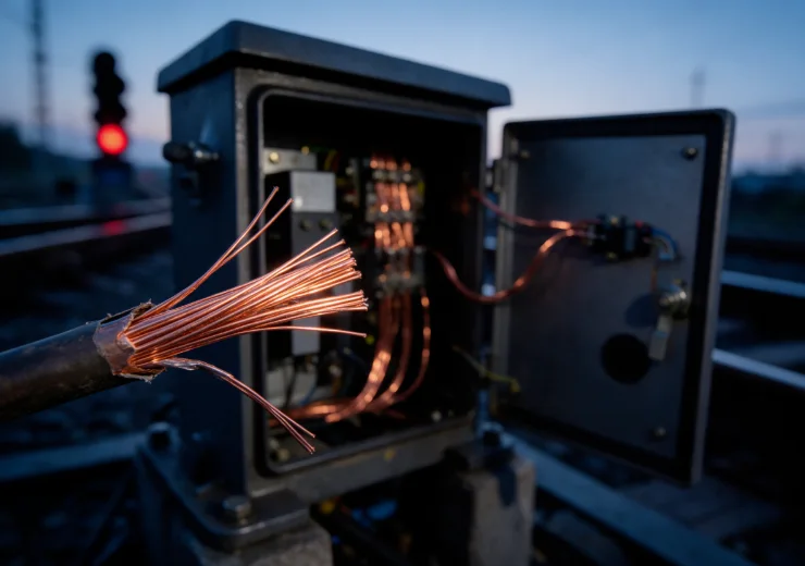 Cut copper signaling cable beside an open trackside signal cabinet at dawn